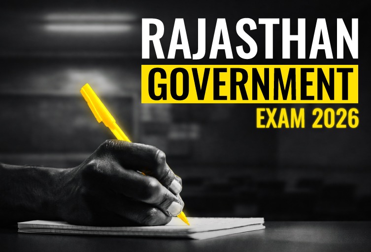 Rajasthan Government Exam 2026 preparation concept showing student writing with pen