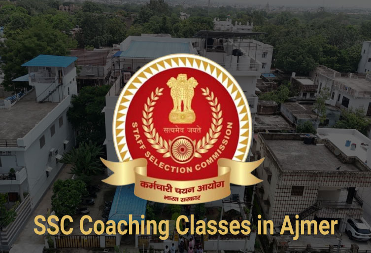 Exterior view of a coaching center building in Ajmer with the Staff Selection Commission (SSC) logo overlay and text "SSC Coaching Classes in Ajmer.