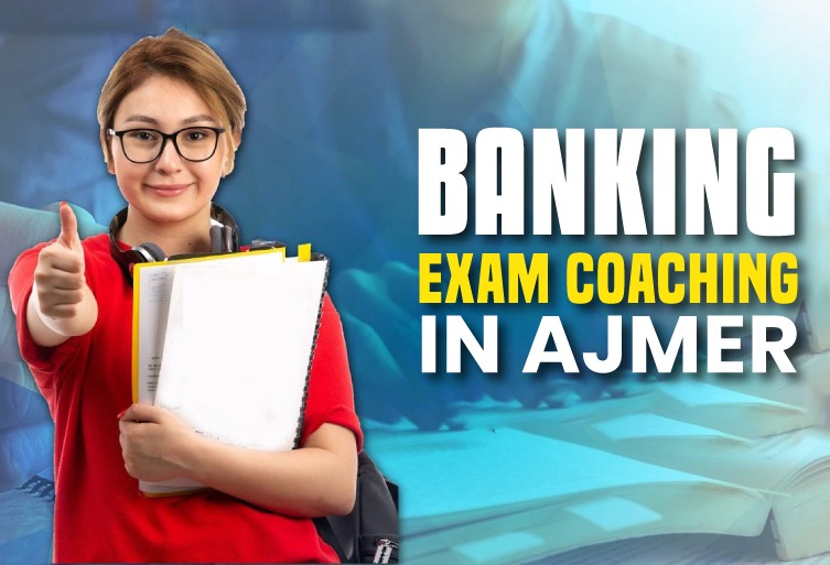 A smiling young female student in a red shirt holding study materials and giving a thumbs up, with text overlay reading "Banking Exam Coaching in Ajmer."