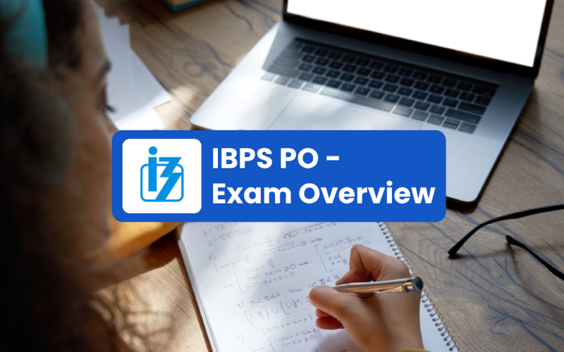 A student studying with a laptop and notebook, featuring an overlay for "IBPS PO – Exam Overview" and the IBPS logo.