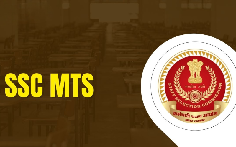 SSC MTS text in yellow alongside the Staff Selection Commission logo, set against a background of an empty classroom.
