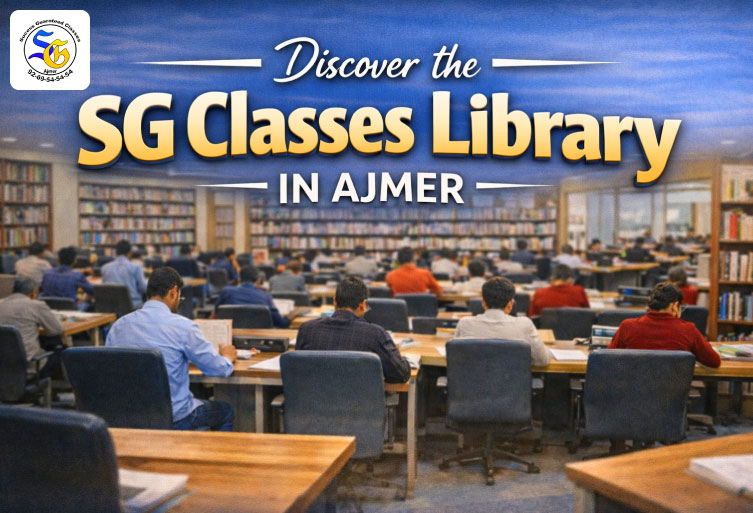 Students studying inside SG Classes Coaching Library in Ajmer with modern seating and organized bookshelves