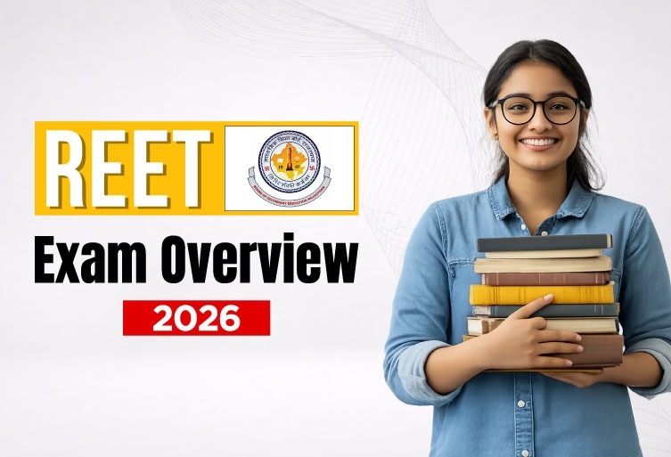 A promotional graphic for the REET 2026 exam featuring a smiling young woman in a denim shirt holding a stack of books, next to the "REET Exam Overview 2026" text and the Board of Secondary Education Rajasthan logo.