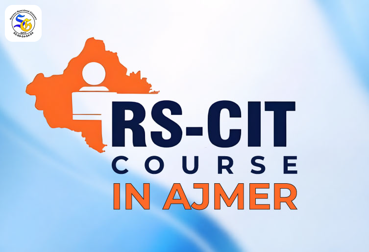 Promotional graphic for RS-CIT course in Ajmer featuring the Rajasthan state map in orange, a person icon, and bold text on a blue and white gradient background.