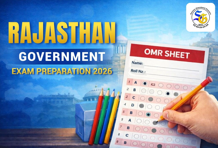 Rajasthan Government Exam Preparation 2026 thumbnail with OMR sheet and student filling answers