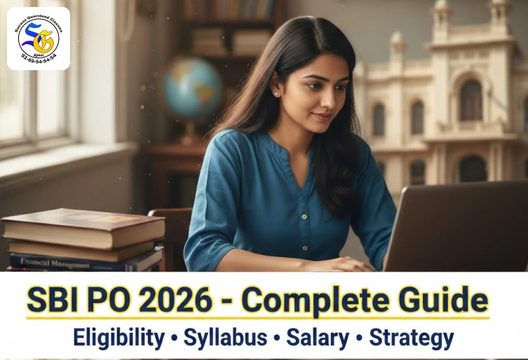 SBI PO 2026 complete guide thumbnail with Indian student preparing for banking exam