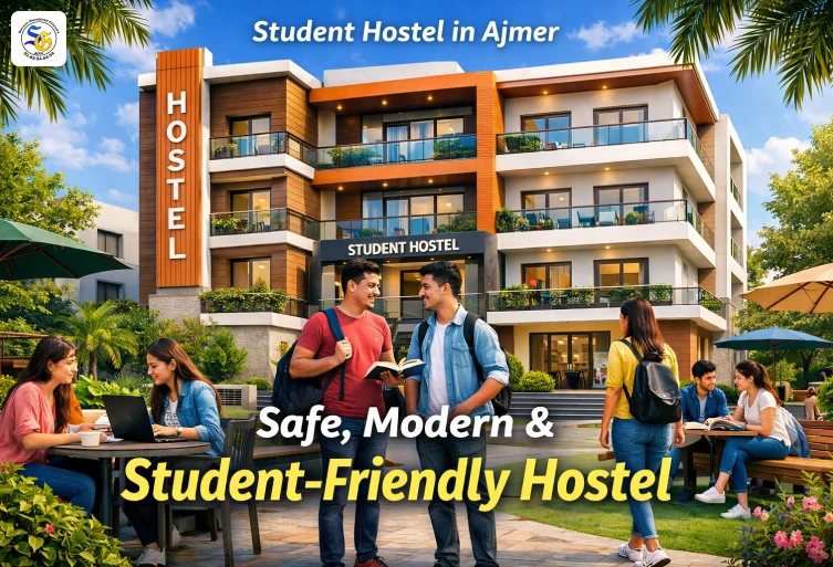 Modern and safe SG Classes Hostel in Ajmer with students outside the building showcasing natural and modern design for comfortable student living.