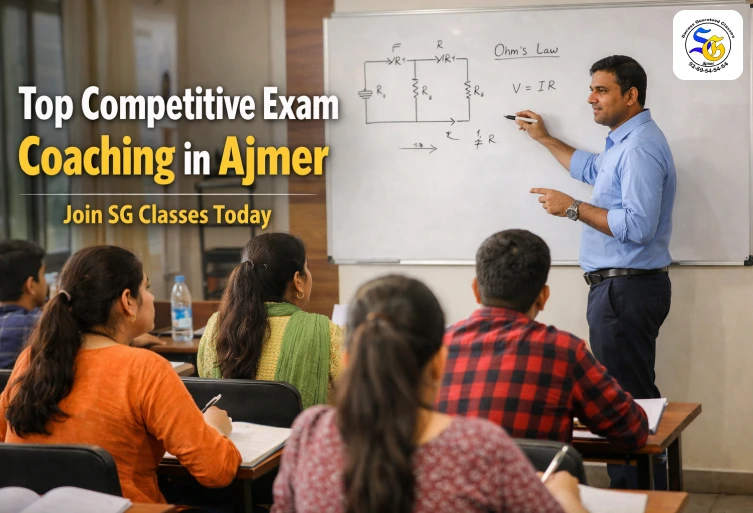 Students attending competitive exam coaching class at SG Classes in Ajmer with teacher explaining on whiteboard.