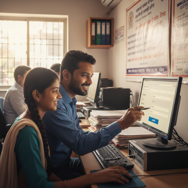 Student filling government exam form at E-Mitra Ajmer