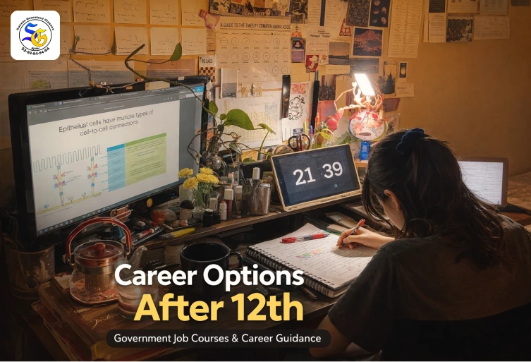 A student studying at a cluttered desk at night with a laptop showing biological cell diagrams, a digital clock reading 21:39, and text overlay saying "Career Options After 12th: Government Job Courses & Career Guidance."