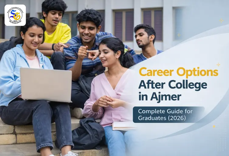 A group of five diverse Indian college students sitting on campus steps, looking at a laptop together and discussing career opportunities in Ajmer.