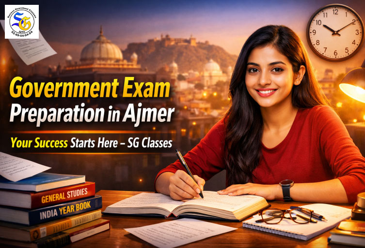 Student preparing for government exams in Ajmer with books and study material at SG Classes coaching institute