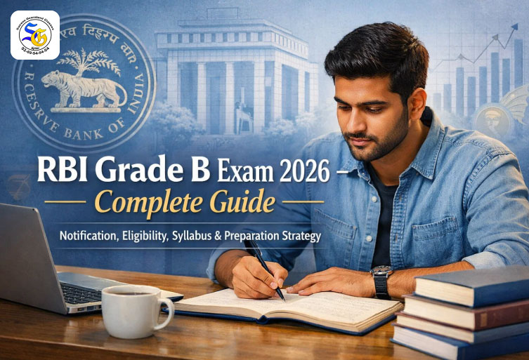 RBI Grade B Exam 2026 preparation guide with student studying and banking concept background