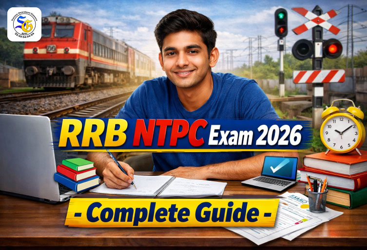 RRB NTPC Exam 2026 preparation guide thumbnail showing student studying for railway recruitment exam.
