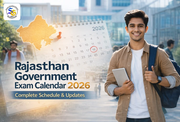 A smiling young man holding a tablet with a background of a 2026 calendar and the Rajasthan map, featuring text for Rajasthan Government Exam Calendar 2026.