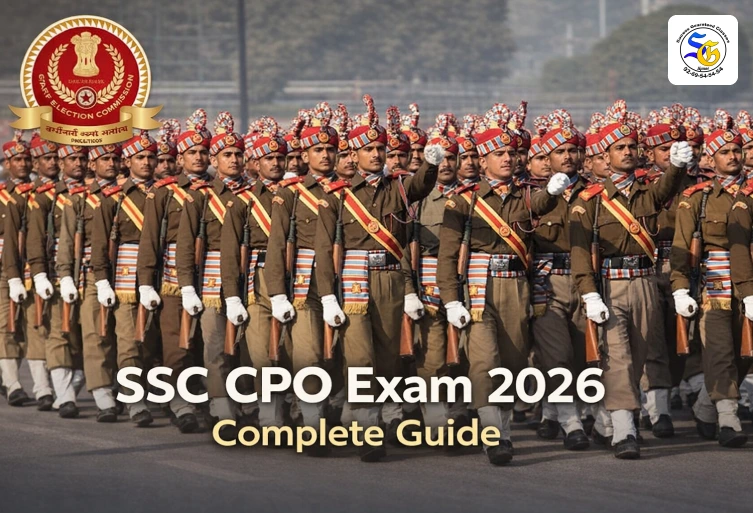 A parade of Indian police personnel in ceremonial uniforms and turbans with the Staff Selection Commission (SSC) logo and text "SSC CPO Exam 2026 Complete Guide."
