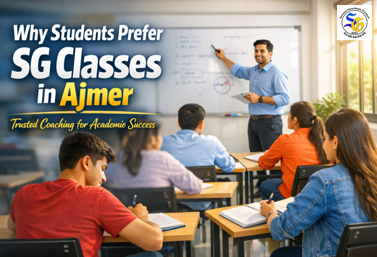 Students studying in a modern classroom at SG Classes in Ajmer with teacher explaining on whiteboard