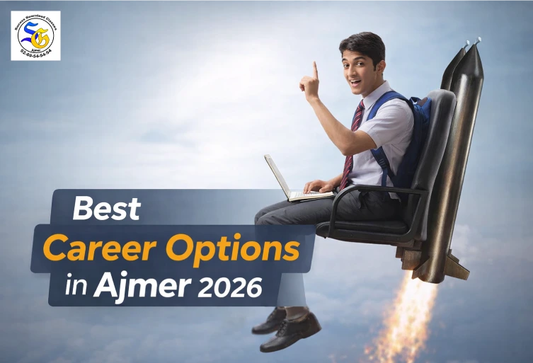Best career options in Ajmer 2026 concept with student using laptop and rocket growth idea