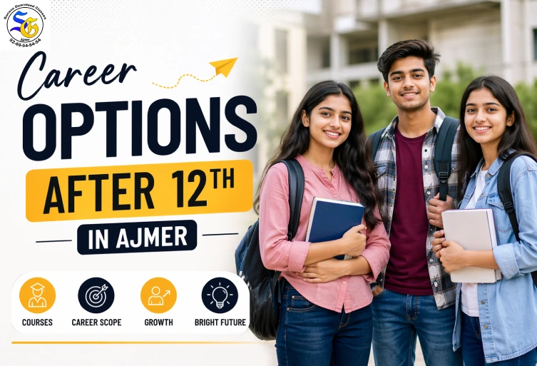 Three Indian students standing on a college campus with the blog title “Career Options After 12th in Ajmer” displayed in bold modern typography, highlighting career guidance, courses, and future opportunities.
