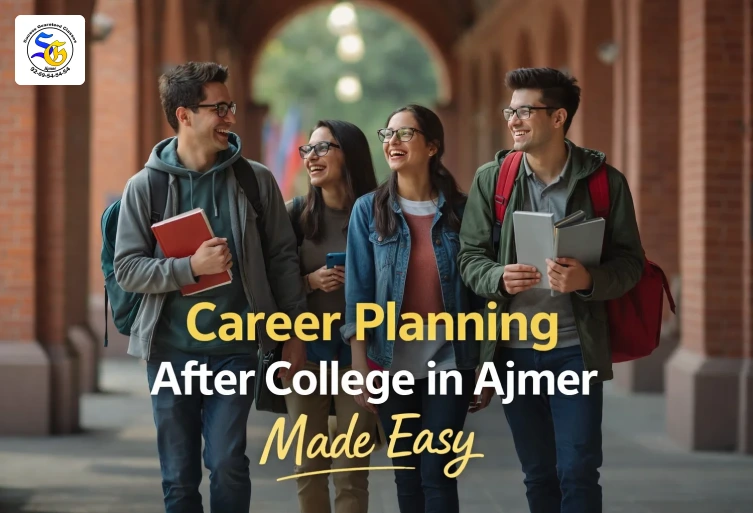 Students discussing career planning after college in Ajmer while walking on campus