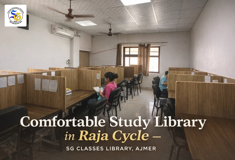 An indoor view of SG Classes Library in Raja Cycle, Ajmer, showing students sitting in individual wooden study carrels in a brightly lit, air-conditioned room.