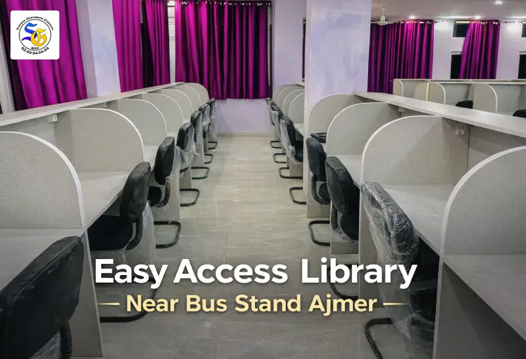Library near bus stand Ajmer with comfortable seating, silent study cabins and modern reading environment for students