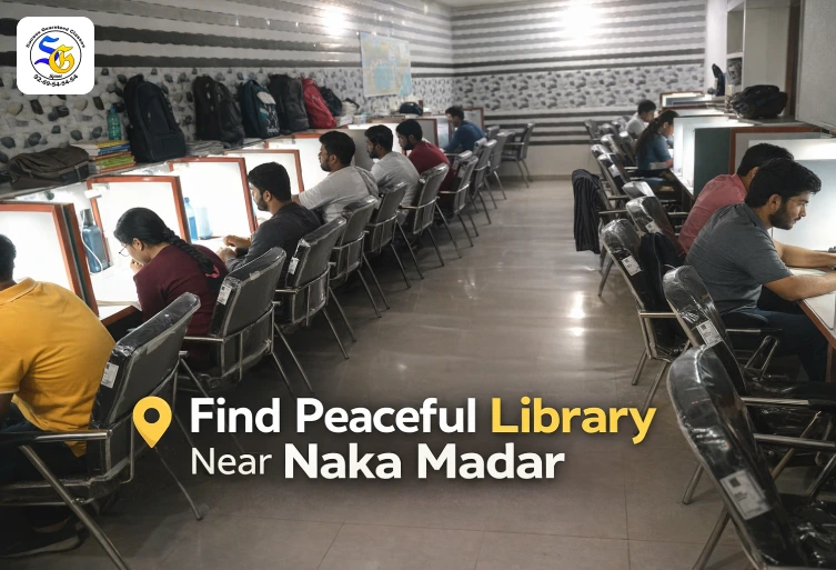 Interior of a quiet, modern study library near Naka Madar, Ajmer, featuring students sitting in individual private cabins with focused lighting and comfortable seating.