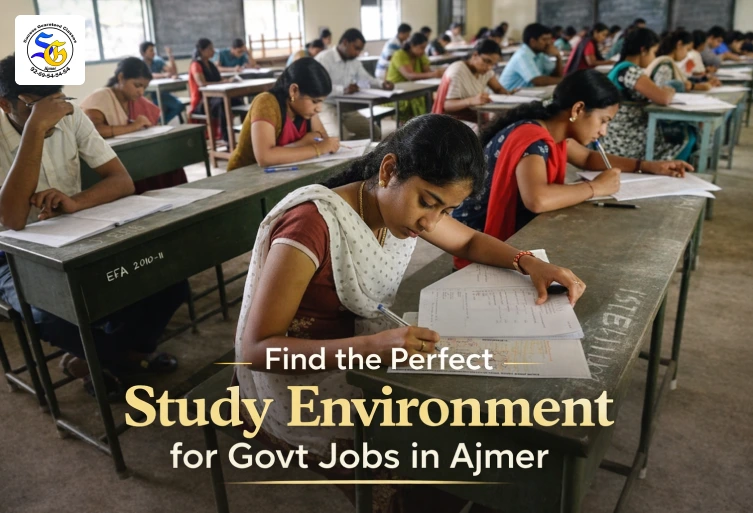 Students studying in a quiet classroom environment for government exam preparation in Ajmer