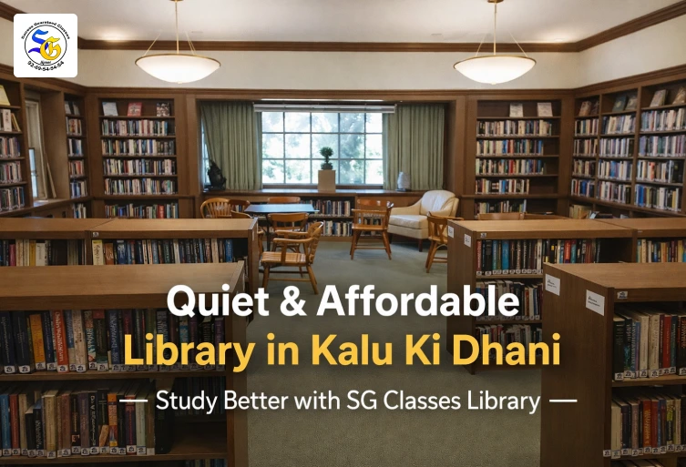 Quiet and affordable library in Kalu Ki Dhani Ajmer with clean study space, bookshelves, and peaceful reading environment at SG Classes Library