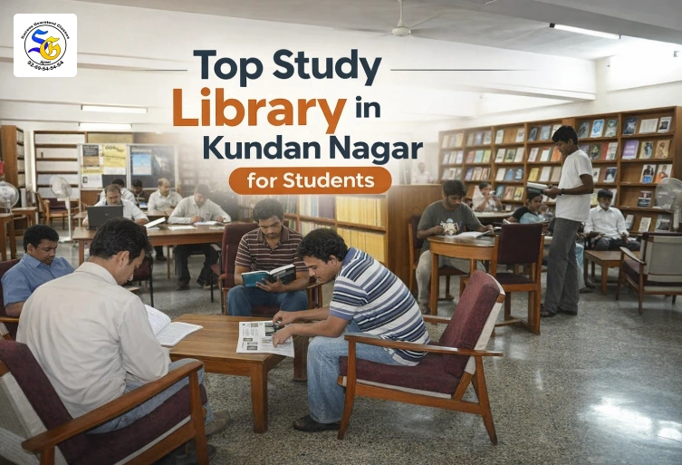 Students studying in a peaceful library environment in Kundan Nagar Ajmer with bookshelves and study tables