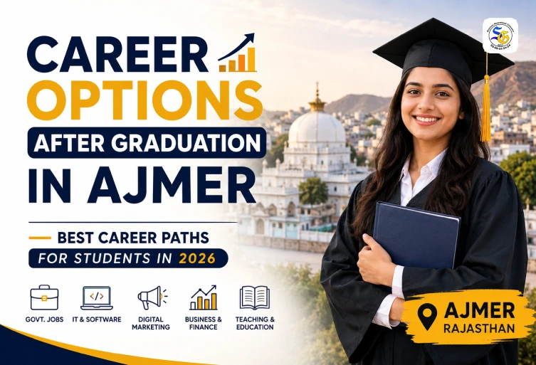 Young graduate student in Ajmer with career growth concept and modern typography for career options after graduation in 2026.