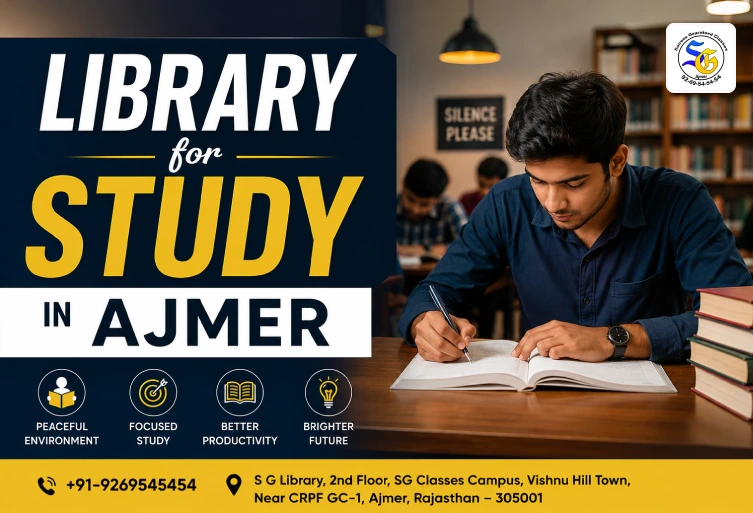 Student studying in a modern library in Ajmer with text “Library for Study in Ajmer” promoting S G Library peaceful study environment.