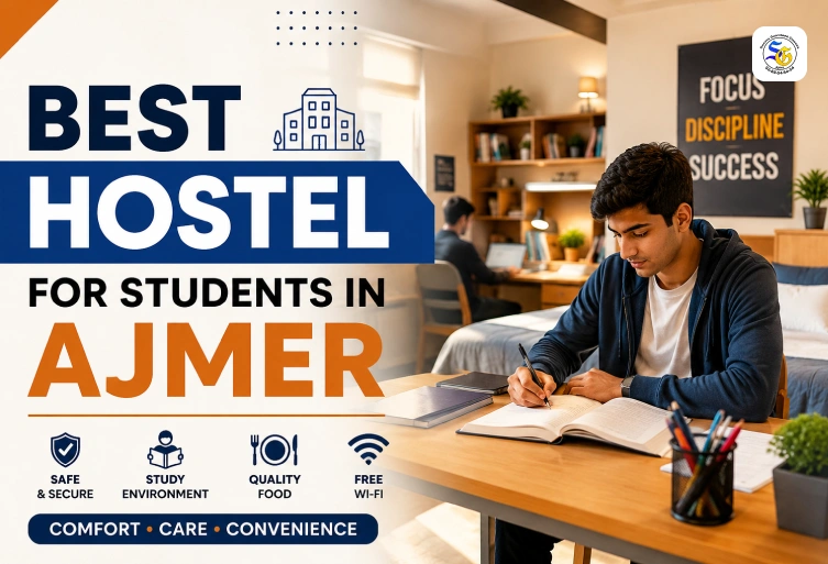 Student studying in a modern hostel room in Ajmer with safe accommodation, study-friendly environment, quality food, and WiFi facilities for academic success.