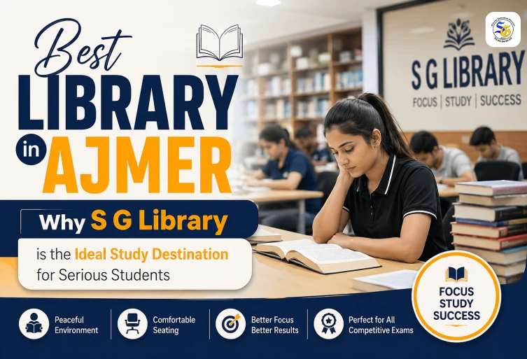 Students studying in S G Library, the best library in Ajmer, offering a peaceful and comfortable environment for competitive exam preparation and focused learning.