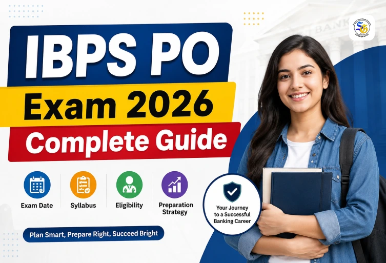 IBPS PO Exam 2026 complete guide thumbnail featuring a banking aspirant student with exam dates, eligibility, syllabus, and preparation strategy for IBPS PO 2026.